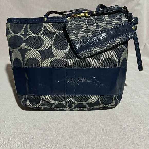 Coach Denim Signature Strip Medium Tote Shoulder Bag & Wallet Set - Picture 3 of 8